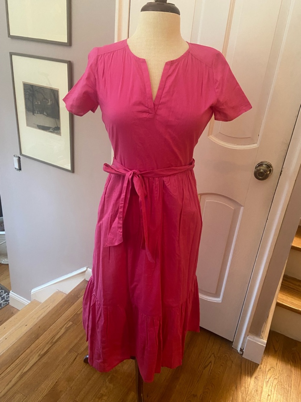 Feminine Belted Pink Midi Dress